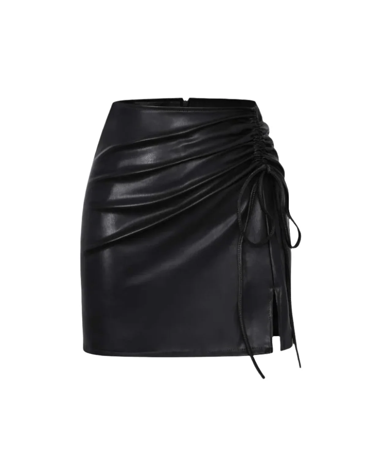 Black Side Gathered Leather Skirt - Image 2